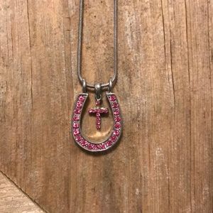 Pink crystal cross and horse shoe necklace
